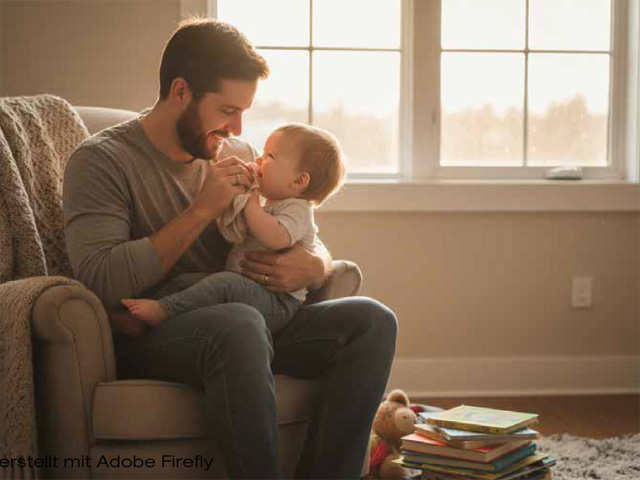 Ein Mann sitzt mit einem Baby auf einem Sessel.