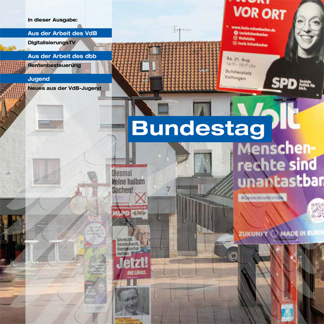 Magazin-Titelseite mit dem Schwerpunkt "Bundestag". Ein Weg mit vielen politischen Plakaten.