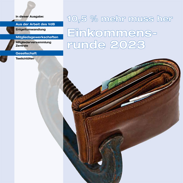 Magazin-Titelseite mit dem Schwerpunkt "Einkommensrunde 2023. 10,5% mehr muss her". Ein braunes Lederportemonnaie mit Geldscheine und Karten wird in einer großen Metallklemme zusammengedrückt.