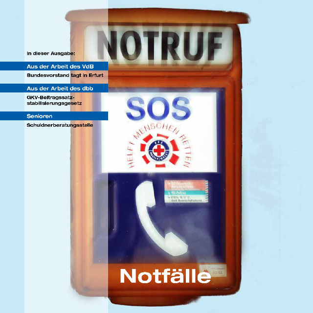 Magazin-Titelseite mit dem Schwerpunkt "Notfälle". Notrufsäule mit großem "SOS“ und einem Telefonhörer-Symbol.